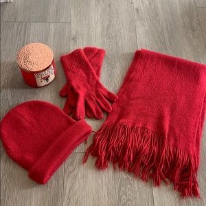 Matching raspberry scarf hat and gloves.